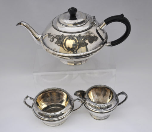 alte Teekanne, Teeset versilbert, Kanne, Milchkännchen und Zuckerdose, England, Sheffield wohl um 1920/1930 -0