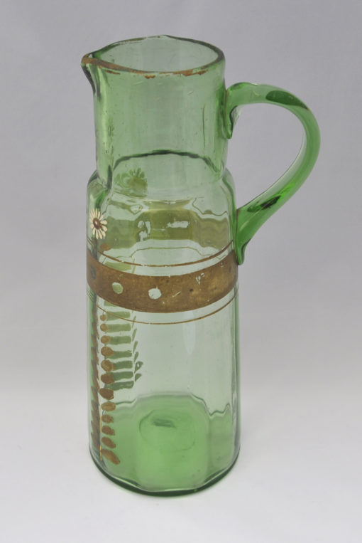 Alter Glas Krug Jugendstil Krug, grünes Klarglas, Malerei, wohl um 1910-941
