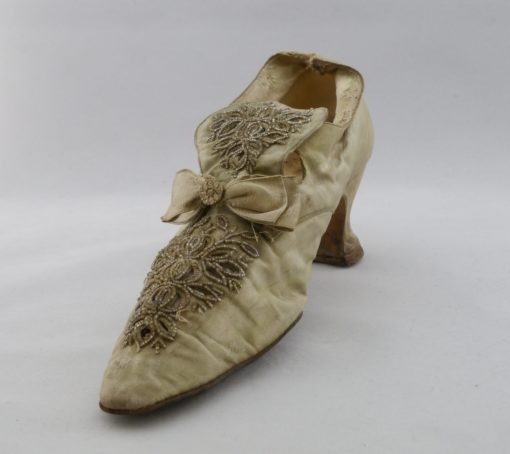 Alte antike viktorianische Schuhe, grau-grün, perlenbestickt -1104