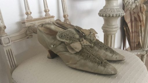 Alte antike viktorianische Schuhe, grau-grün, perlenbestickt -1107